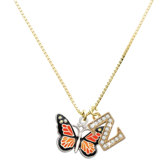 Delight Jewelry Silver-tone Large Monarch Butterfly with 6 AB Crystals - Large Goldtone Crystal Initial - Z - Charm Necklace, 17.5"+2"