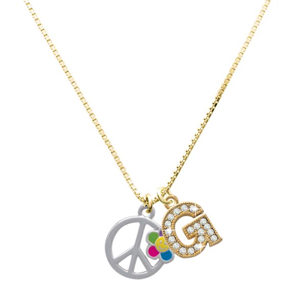 Delight Jewelry Silver-tone Large Multicolored Daisy on Peace Sign - Large Goldtone Crystal Initial - G - Charm Necklace, 17.5"+2"