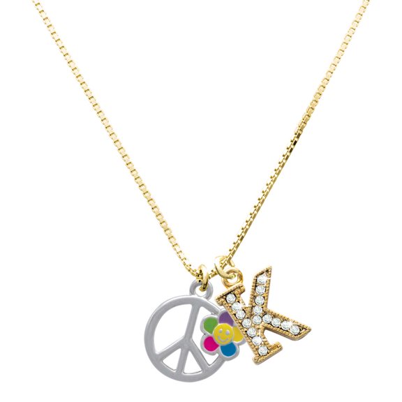 Delight Jewelry Silver-tone Large Multicolored Daisy on Peace Sign - Large Goldtone Crystal Initial - K - Charm Necklace, 17.5"+2"