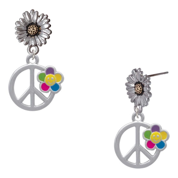 Delight Jewelry Silver-tone Large Multicolored Daisy on Peace Sign - Two-tone Daisy Flower Post Earrings