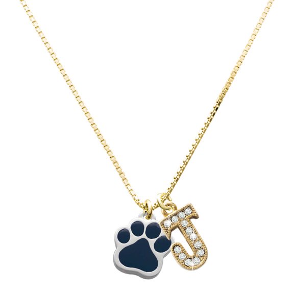 Delight Jewelry Silver-tone Large Navy Blue Paw and a Large Goldtone Crystal Initial J Charm Necklace, 17.5"+2"