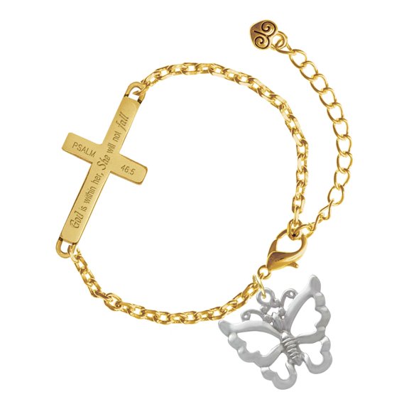Delight Jewelry Silver-tone Large Open Butterfly - Gold Tone Psalm 46:5 She will not fall Engraved Cross Charm Bracelet, 6.5+1.5" Extender