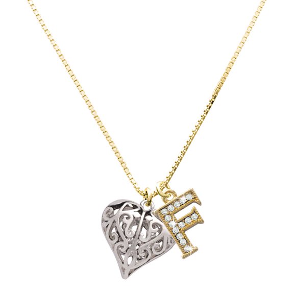 Delight Jewelry Silver-tone Large Open Filigree Heart - Large Goldtone Crystal Initial - F - Charm Necklace, 17.5"+2"