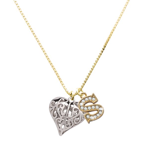 Delight Jewelry Silver-tone Large Open Filigree Heart - Large Goldtone Crystal Initial - S - Charm Necklace, 17.5"+2"
