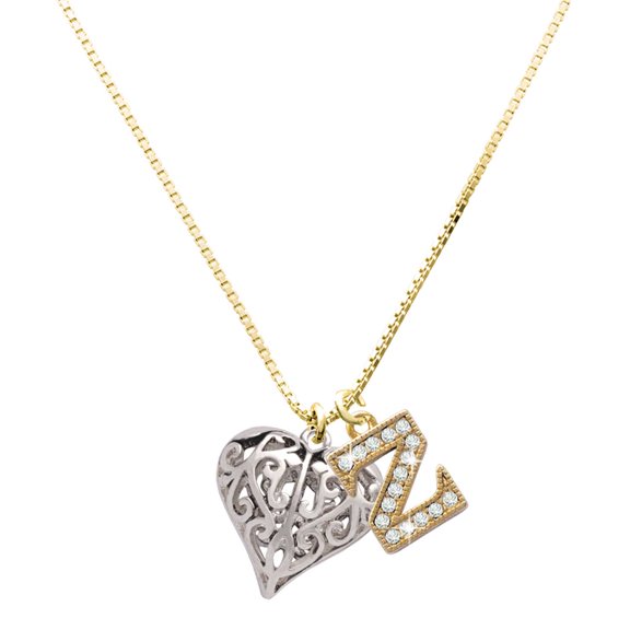Delight Jewelry Silver-tone Large Open Filigree Heart - Large Goldtone Crystal Initial - Z - Charm Necklace, 17.5"+2"