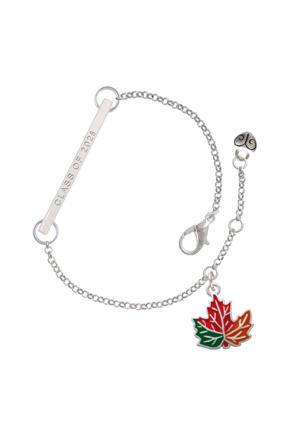 Silver-tone Large Orange Fall Leaf - Silvertone Class of 2026 Delicate Bar Bracelet, 8.5"