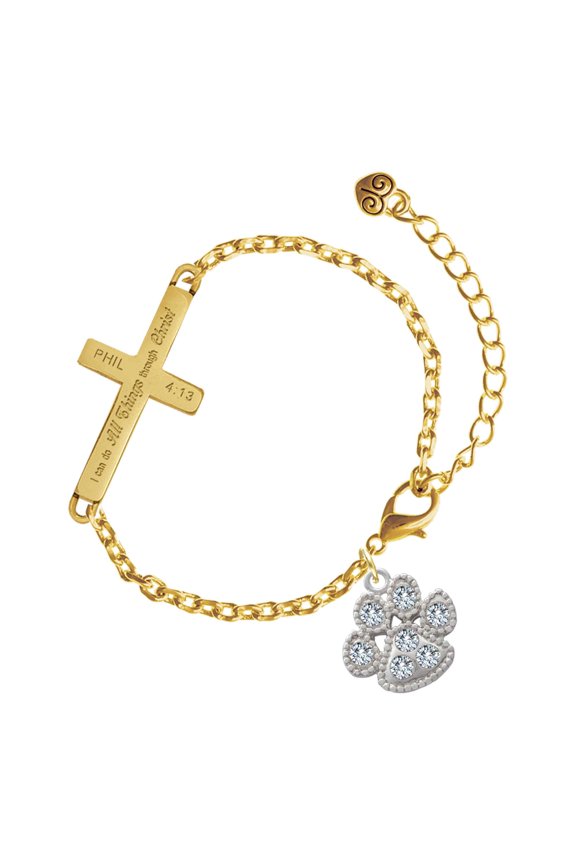 Silver-tone Large Paw with Clear Crystals - Gold Tone Philipians 4:13 I Do All Things Through Christ Engraved Cross Charm Bracelet, 6.5+1.5" Extender