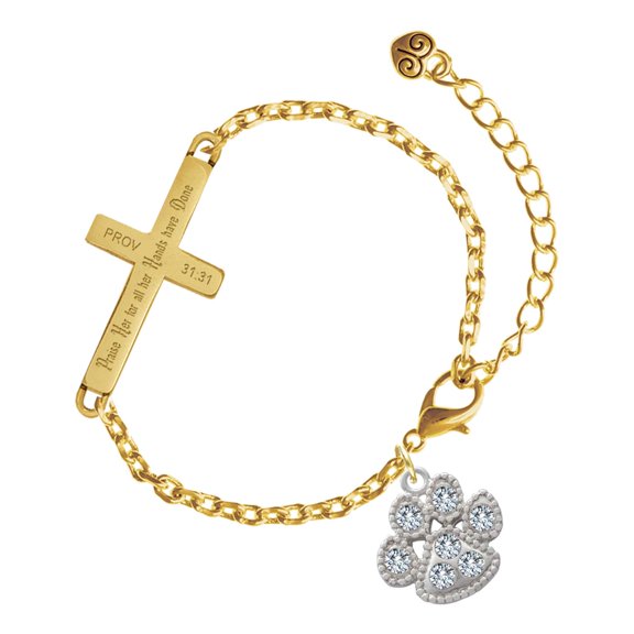Delight Jewelry Silver-tone Large Paw with Clear Crystals - Gold Tone Proverbs 31:31 Praise Her for all Her Hands have Done Engraved Cross Charm Bracelet, 6.5+1.5" Extender