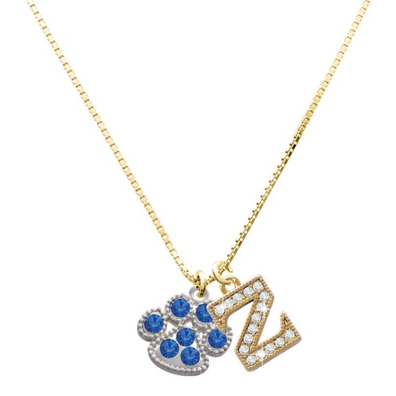 Delight Jewelry Silver-tone Large Paw with Blue Crystals - Large Goldtone Crystal Initial - Z - Charm Necklace, 17.5"+2"