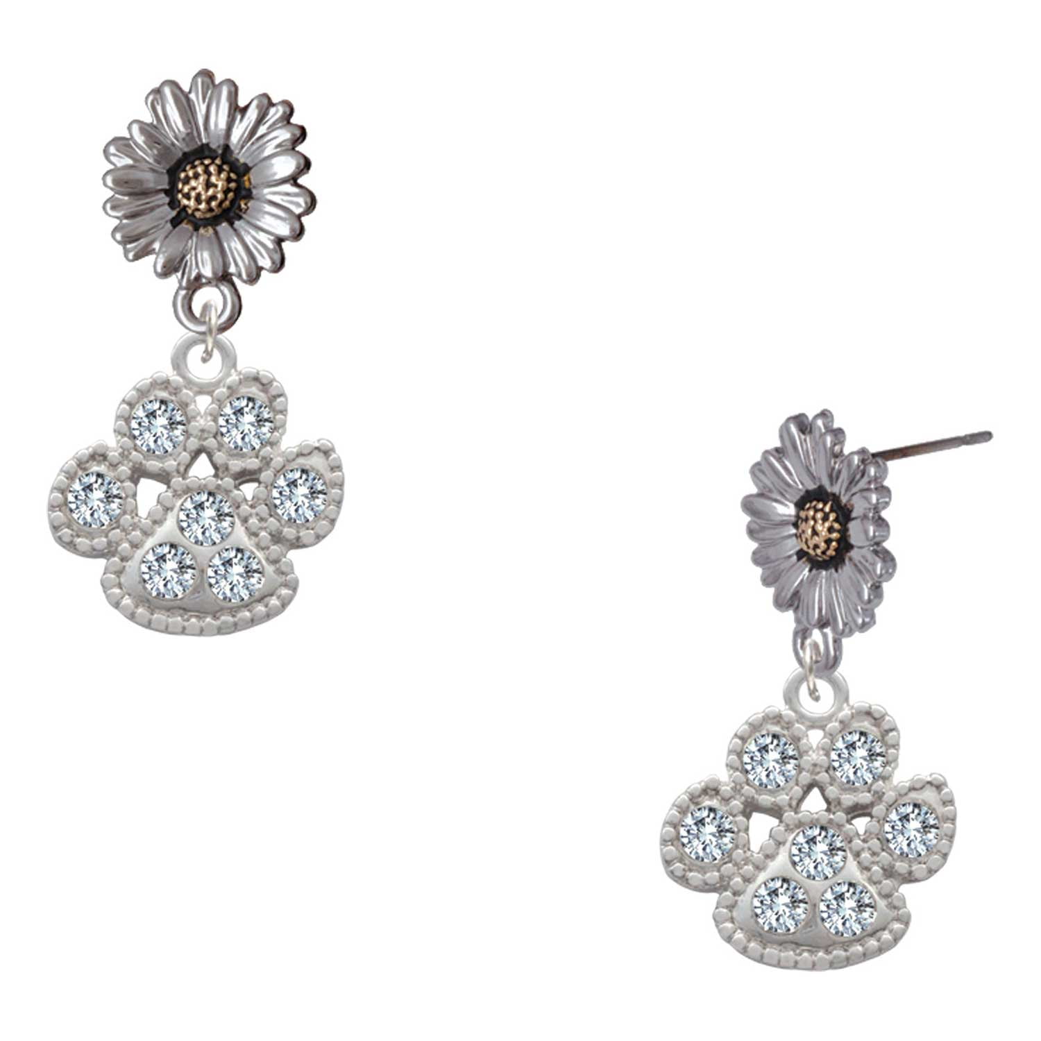 Delight Jewelry Silver-tone Large Paw with Clear Crystals - Two-tone Daisy Flower Post Earrings