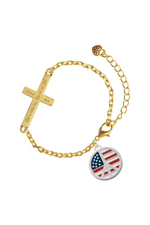 Silver-tone Large Peace Sign with USA Flag - Gold Tone Psalm 46:5 She will not fall Engraved Cross Charm Bracelet, 6.5+1.5" Extender