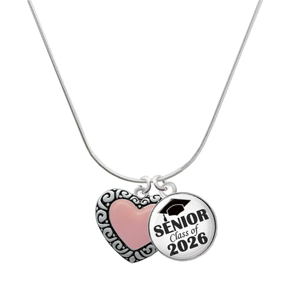 Delight Jewelry Silver-tone Large Pink Enamel Heart with Swirl Border - Silvertone Senior Class of 2026 Dome Necklace, 18"