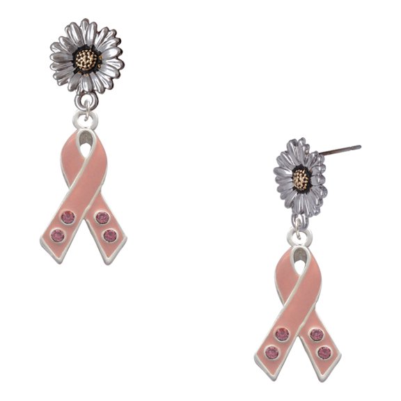 Delight Jewelry Silver-tone Large Pink Ribbon with Crystals - Two-tone Daisy Flower Post Earrings