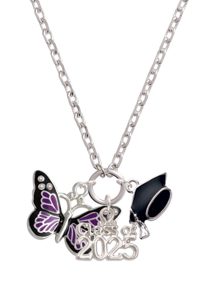 Delight Jewelry Silver-tone Large Purple Butterfly with 6 AB Crystals - Silver-tone Class of 2025 Graduation Zoey Necklace, 28"