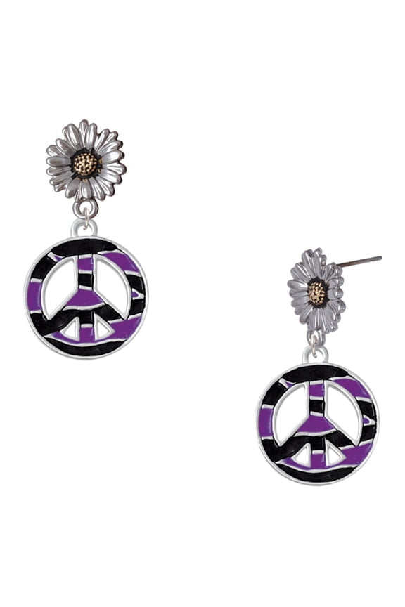 Silver-tone Large Purple Tiger Print Peace Sign - Two-tone Daisy Flower Post Earrings