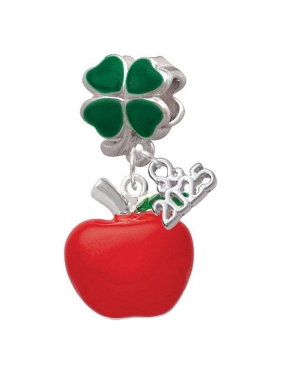 Silver-tone Large Red Apple - Good Luck Green Four Leaf Clover Charm Bead Dangle with Mini 2025