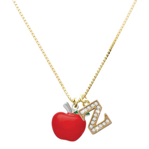 Delight Jewelry Silver-tone Large Red Apple - Large Goldtone Crystal Initial - Z - Charm Necklace, 17.5"+2"