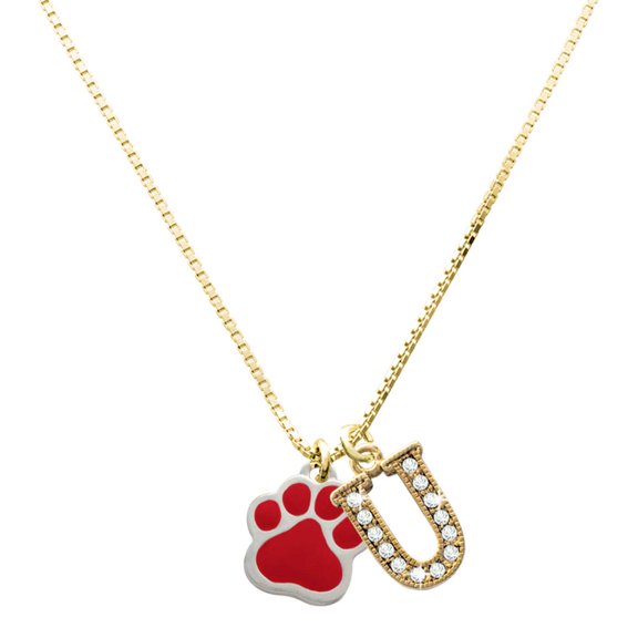 Delight Jewelry Silver-tone Large Red Paw - Large Goldtone Crystal Initial - U - Charm Necklace, 17.5"+2"
