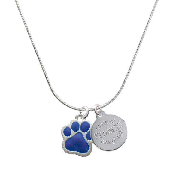 Delight Jewelry Silver-tone Large Royal Blue Paw - Engraved Congrats Class of 2026 Charm Necklace, 18"
