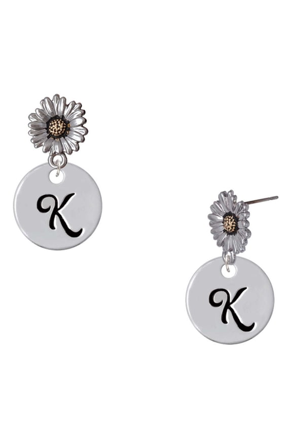 Silver-tone Large Script Letter - K - 3/4'' Disc - Two-tone Daisy Flower Post Earrings