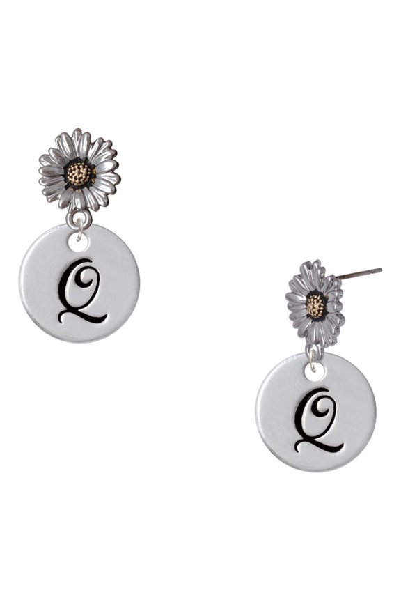 Silver-tone Large Script Letter - Q - 3/4'' Disc - Two-tone Daisy Flower Post Earrings