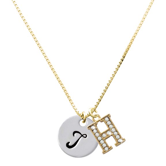 Delight Jewelry Silver-tone Large Script Letter - T - 3/4'' Disc - Large Goldtone Crystal Initial - H - Charm Necklace, 17.5"+2"