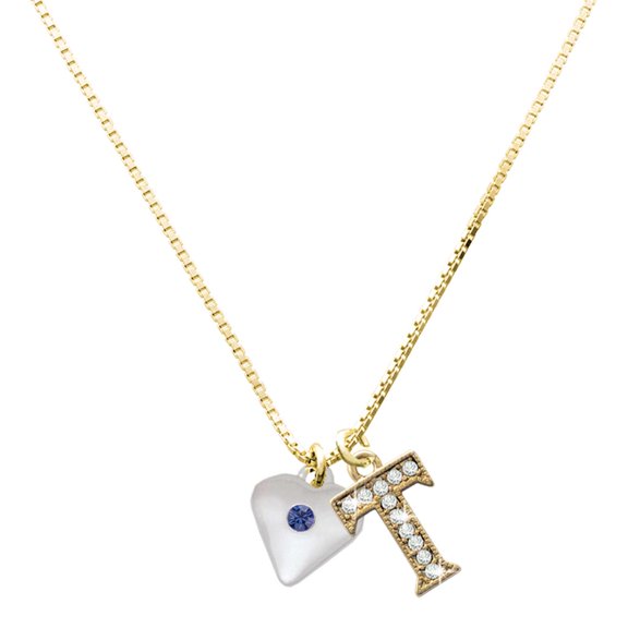 Delight Jewelry Silver-tone Large September - Blue Crystal Heart - Large Goldtone Crystal Initial - T - Charm Necklace, 17.5"+2"