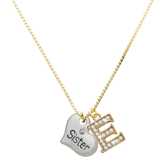 Delight Jewelry Silver-tone Large ''Sister'' Heart with Clear Crystal - Large Goldtone Crystal Initial - E - Charm Necklace, 17.5"+2"