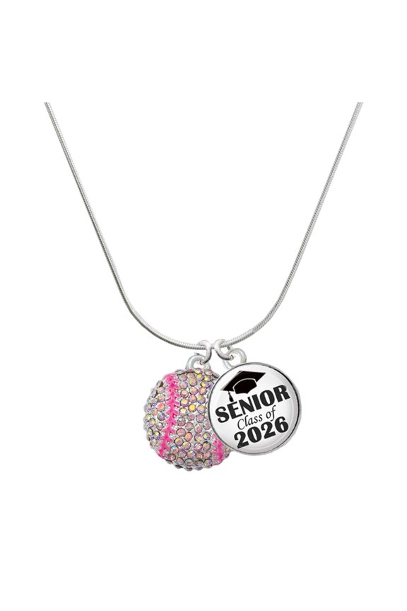 Silver-tone Large Super Sparkle Crystal Pink AB Softball - Silvertone Senior Class of 2026 Dome Necklace, 18"
