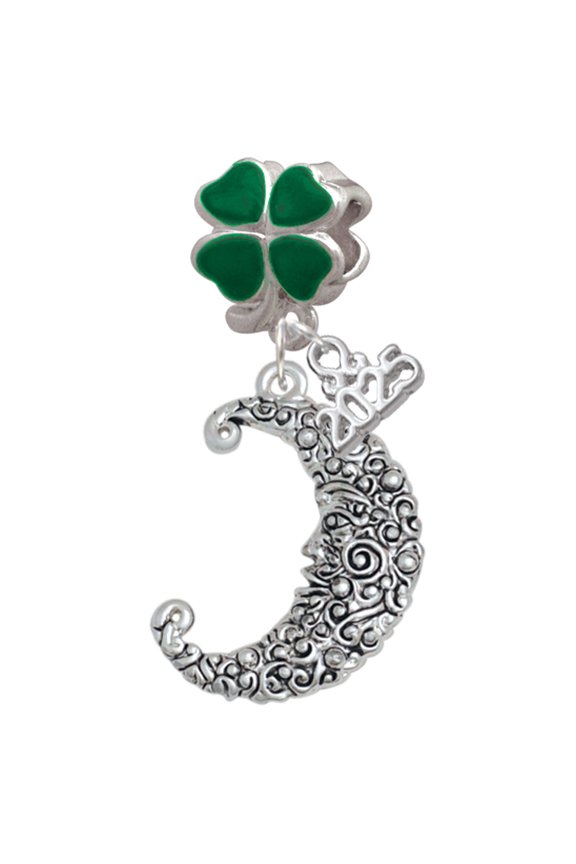 Silver-tone Large Swirl Man in Moon - Good Luck Green Four Leaf Clover Charm Bead Dangle with Mini 2025