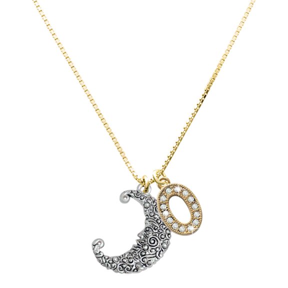 Delight Jewelry Large Goldtone Crystal Initial Necklace, featuring Silver Tone Large Swirl Man in Moon Charm, 17.5"+2", O