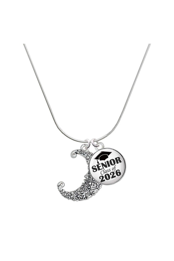 Silver-tone Large Swirl Man in Moon - Silvertone Senior Class of 2026 Dome Necklace, 18"