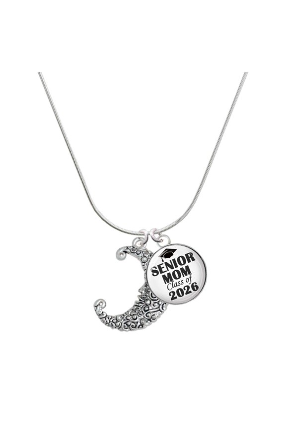 Silver-tone Large Swirl Man in Moon - Silvertone Senior Mom Class of 2026 Dome Necklace, 18"