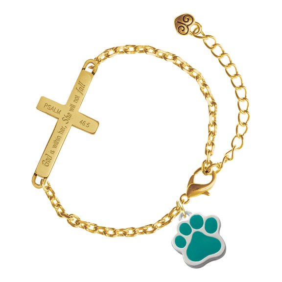 Delight Jewelry Silver-tone Large Teal Paw - Gold Tone Psalm 46:5 She will not fall Engraved Cross Charm Bracelet, 6.5+1.5" Extender