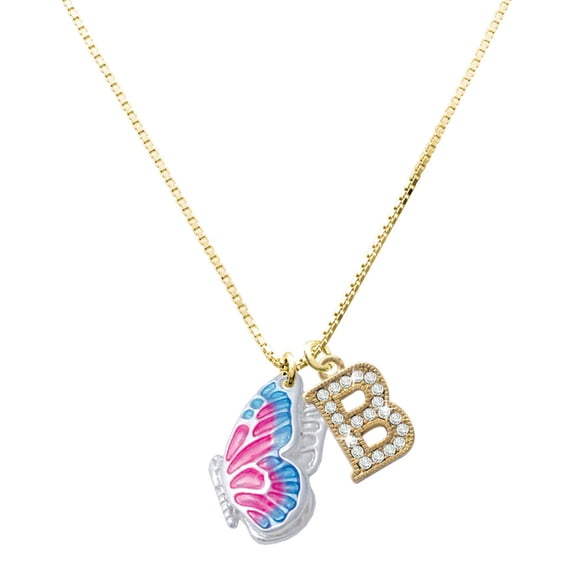 Delight Jewelry Silver-tone Large Translucent Hot Pink & Blue Flying Butterfly - Large Goldtone Crystal Initial - B - Charm Necklace, 17.5"+2"