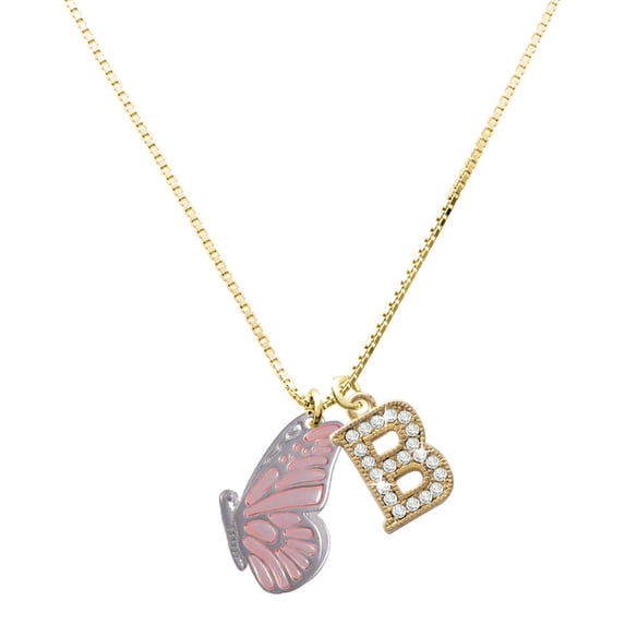 Delight Jewelry Silver-tone Large Translucent Pink Flying Butterfly - Large Goldtone Crystal Initial - B - Charm Necklace, 17.5"+2"