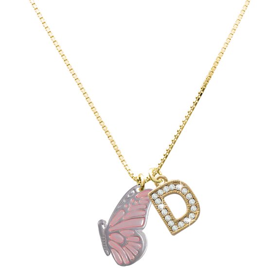 Delight Jewelry Silver-tone Large Translucent Pink Flying Butterfly with a Large Goldtone Crystal Initial - D - Charm Necklace, 17.5"+2"