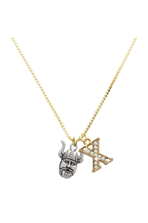 Silver-tone Large Viking - Mascot - Large Goldtone Crystal Initial - X - Charm Necklace, 17.5"+2"