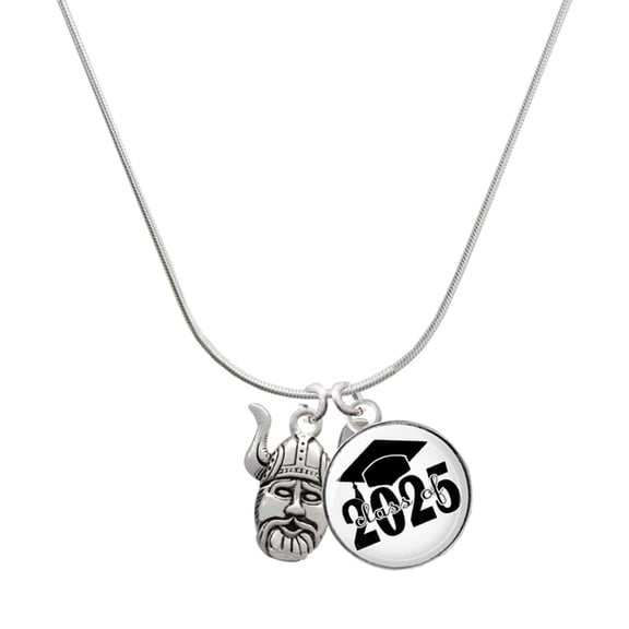 Delight Jewelry Silver-tone Large Viking - Mascot - Script Class of 2025 Dome Charm Necklace, 18"
