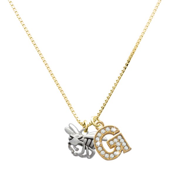Delight Jewelry Silver-tone Large Yellow Jacket - Mascot - Large Goldtone Crystal Initial - G - Charm Necklace, 17.5"+2"