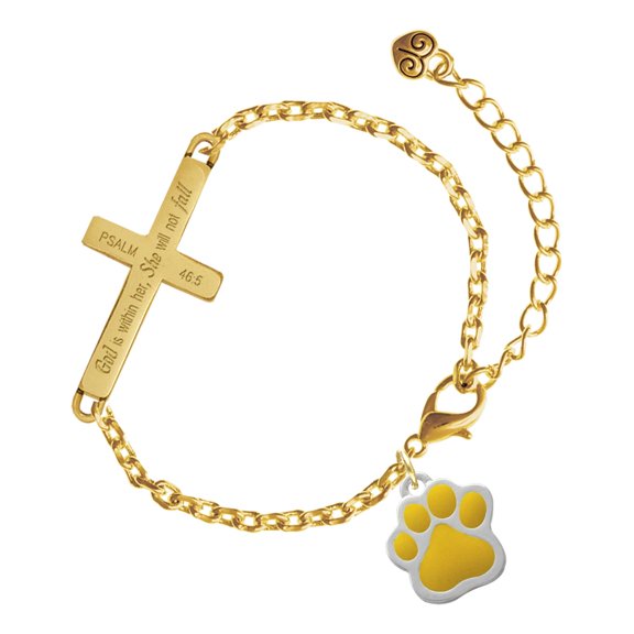 Delight Jewelry Silver-tone Large Yellow Paw - Gold Tone Psalm 46:5 She will not fall Engraved Cross Charm Bracelet, 6.5+1.5" Extender