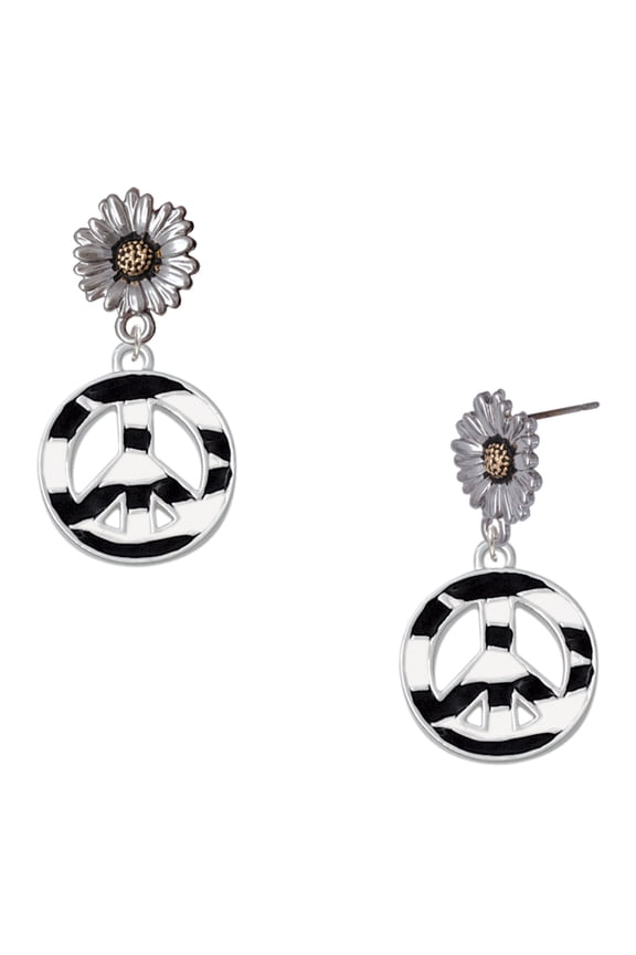 Silver-tone Large Zebra Print Peace Sign - Two-tone Daisy Flower Post Earrings