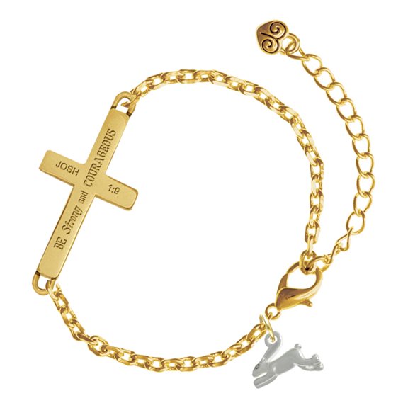 Delight Jewelry Silver-tone Leaping Rabbit - Gold Tone Joshua 1:9 Strong and Courageous Engraved Cross Charm Bracelet, 6.5+1.5" Extender