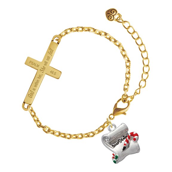 Delight Jewelry Silver-tone Letter to Santa - Gold Tone Psalm 46:5 She will not fall Engraved Cross Charm Bracelet, 6.5+1.5" Extender