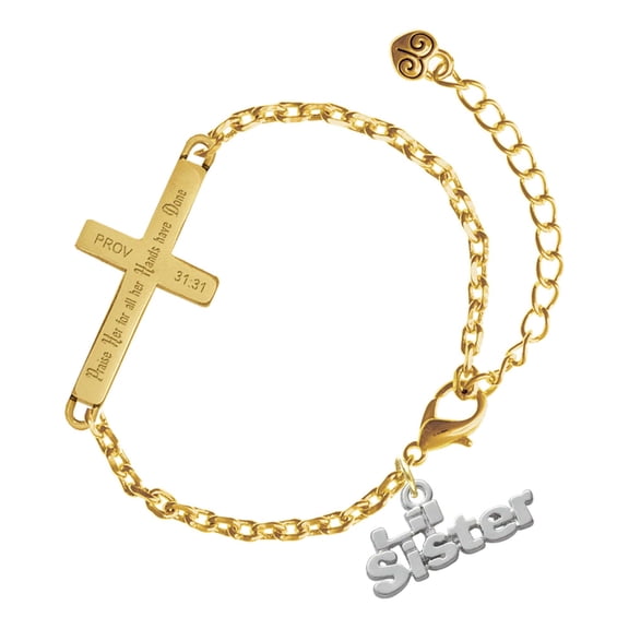 Delight Jewelry Silver-tone Lil Sister - Gold Tone Proverbs 31:31 Praise Her for all Her Hands have Done Engraved Cross Charm Bracelet, 6.5+1.5" Extender