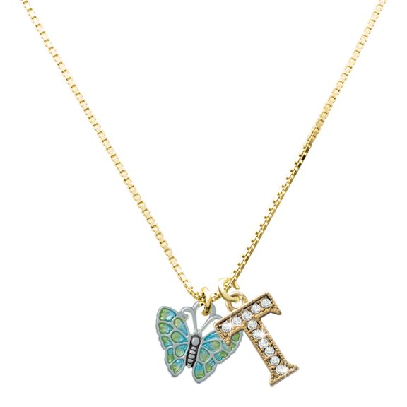Delight Jewelry Silver-tone Lime Green & Blue Butterfly - Large Goldtone Crystal Initial - T - Charm Necklace, 17.5"+2"