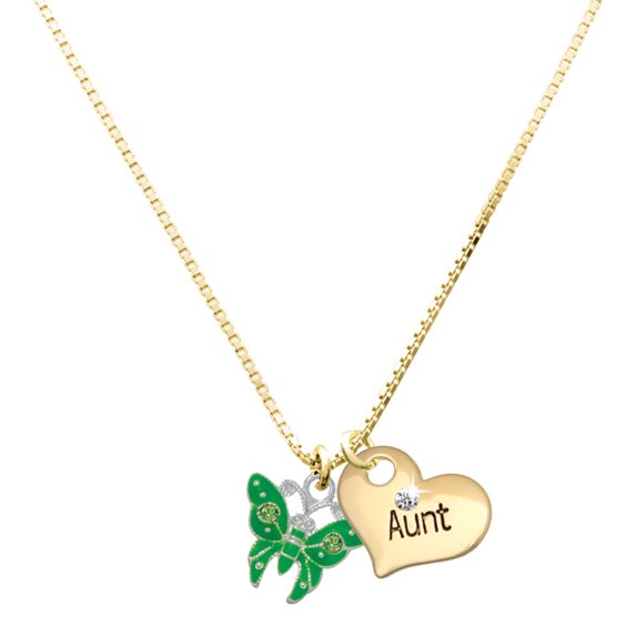 Delight Jewelry Silver-tone Lime Green Butterfly with 2 Lime Green Crystals - Large Goldtone Aunt Heart Charm Necklace, 17.5"+2" Extender