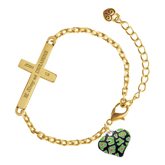 Delight Jewelry Silver-tone Lime Green Cheetah Print Heart - Gold Tone Joshua 1:9 Strong and Courageous Engraved Cross Charm Bracelet, 6.5+1.5" Extender