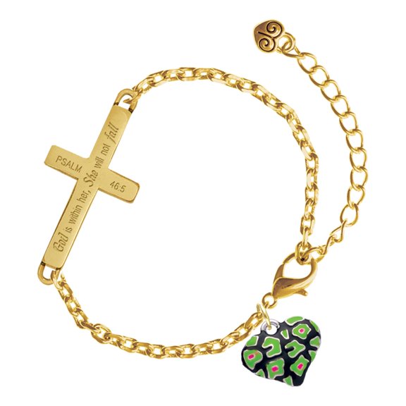 Delight Jewelry Silver-tone Lime Green Cheetah Print Heart - Gold Tone Psalm 46:5 She will not fall Engraved Cross Charm Bracelet, 6.5+1.5" Extender