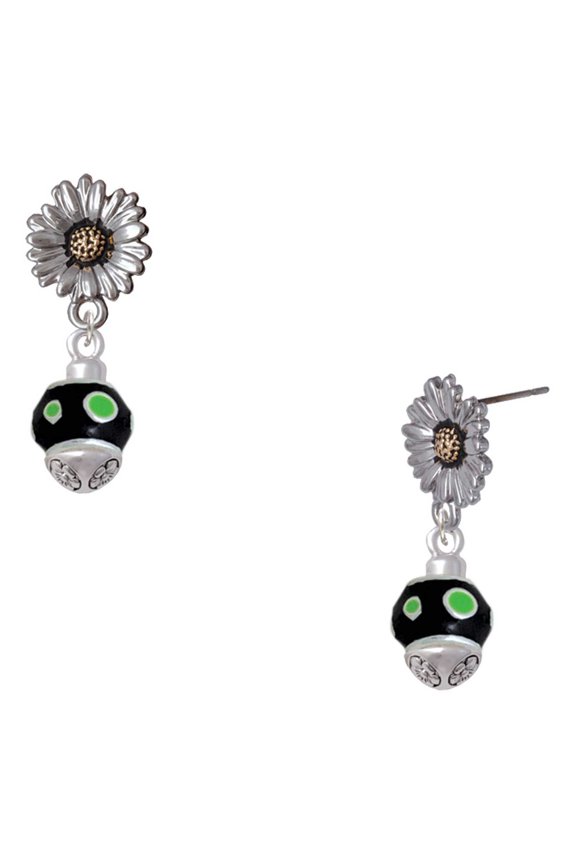 Silver-tone Lime Green Dots on Black Spinner - Two-tone Daisy Flower Post Earrings